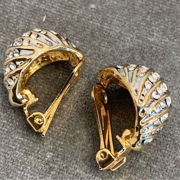 1980S gilt & crystal rhinestone chunky huggie hoop earrings by christian dior - Picture 4 of 11